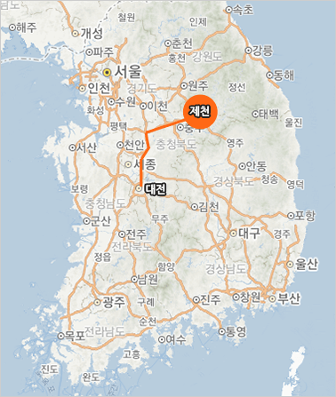 대전~제천 경로가 간략하게 표시된 지도