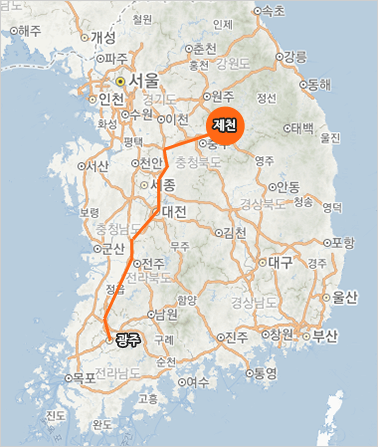 광주광역시~제천 경로가 간략하게 표시된 지도